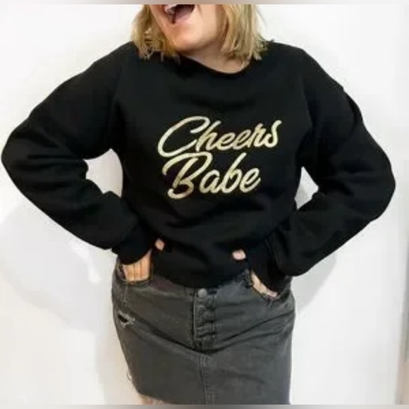 Brunette The Label “ Cherrs Babe “ black crew neck with gold glitter wording s/m - Picture 1 of 8